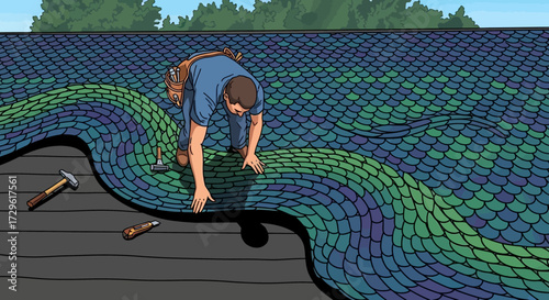 Craftsman meticulously placing vibrant fish scale roof shingles.