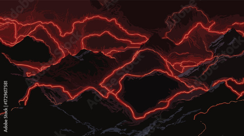 Fiery Red Lightning Cracks Across Dark Mountainous Landscape mountains night.