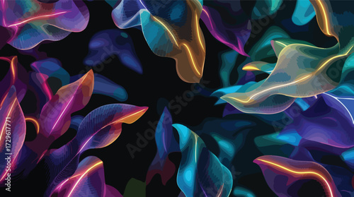 Vibrant Abstract Tropical Leaves with Neon Glow on Dark Background vector illustration.