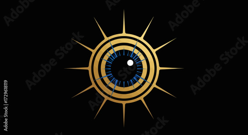 Intricate golden eye design with radiating spikes on black background.