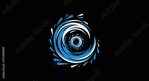 Abstract blue vortex with swirling water splashes and motion.