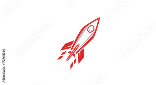 Stylized red and white rocket ship launching upwards with fiery exhaust trails.