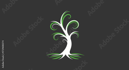 Abstract stylized tree design elegant and whimsical with flowing lines and swirls featuring a white trunk and green leaves roots and branches.