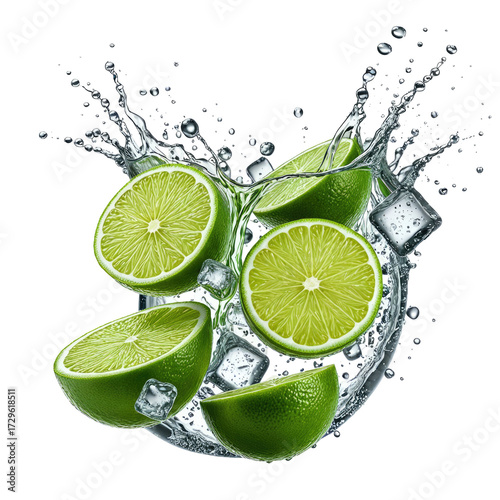 Limes sliced, splashing water with ice, isolated
