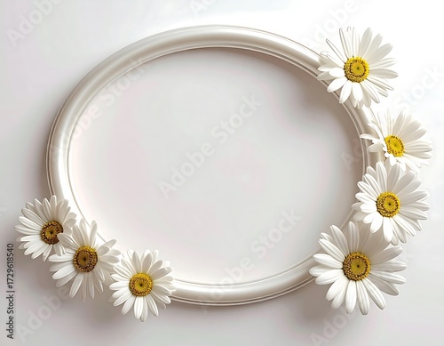 Oval Frame Surrounded by White Daisies on White Background