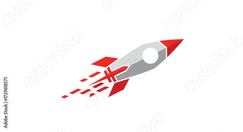 Red and White Rocket Launching into Space with Speed Trails.