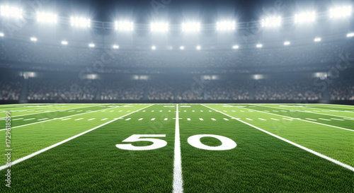 Vibrant, floodlit American football stadium at night with a cheering crowd creating electric energy, perfect for sports promotions and event marketing