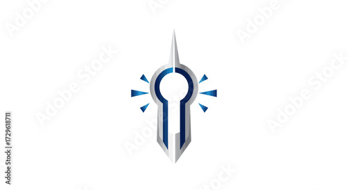 Futuristic metallic keyhole emblem with glowing blue light.