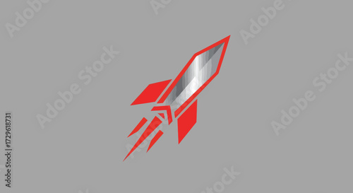 Stylized Red and Silver Rocket Ship Soaring Upwards.