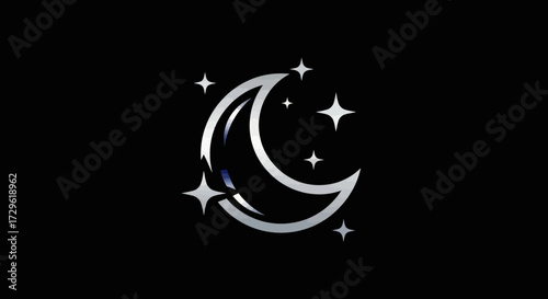 Elegant silver crescent moon and sparkling stars graphic.