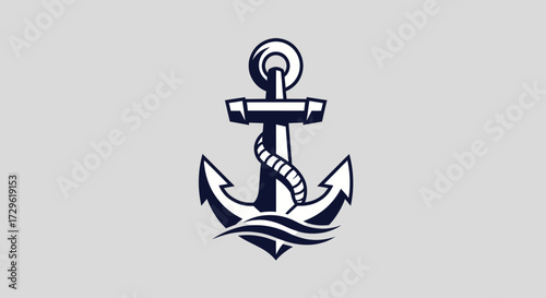 Classic nautical anchor symbol with rope and water waves.