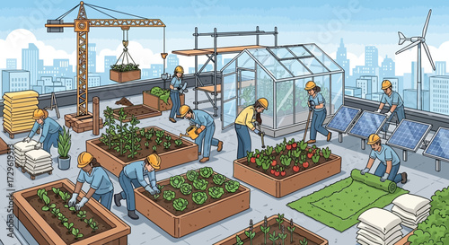 Rooftop Garden Construction Workers Building Urban Farm with Greenhouse.
