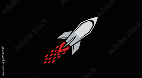 Stylized Rocket Launching with Fiery Trail on Black Background.