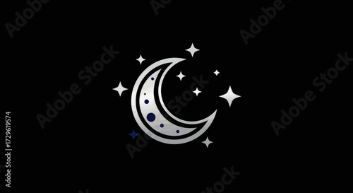 Silver crescent moon with stars shining brightly in the night sky.
