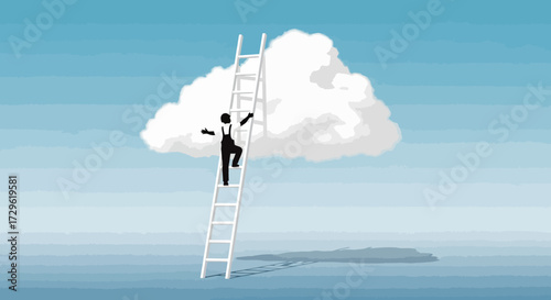 Silhouette of a person climbing a ladder towards a cloud.