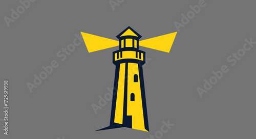 Stylized yellow lighthouse graphic with bright light beams.