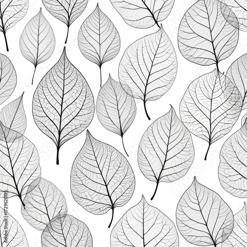 Monochrome transparent leaves on a black background; nature pattern