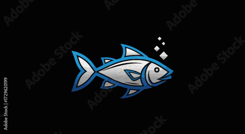Stylized fish with blue outline and bubbles swimming in water.