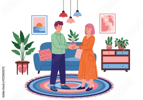Couple exchanging a potted plant in a cozy living room setting