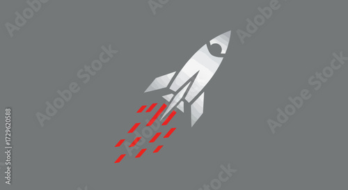 Rocket Launching with Red Flames on Gray Background.