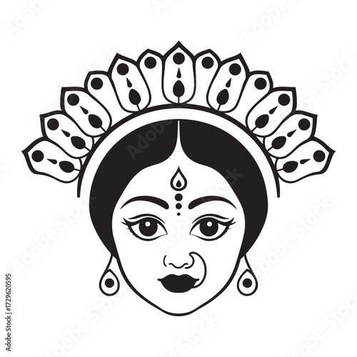 Stylized illustration of goddess durga s face with elaborate headdress