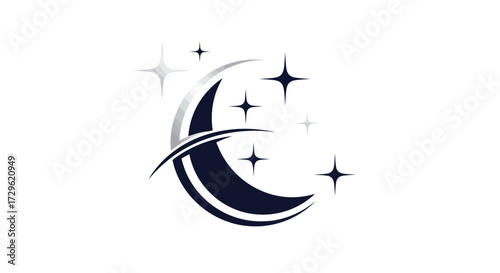 Crescent moon with stars celestial night logo.