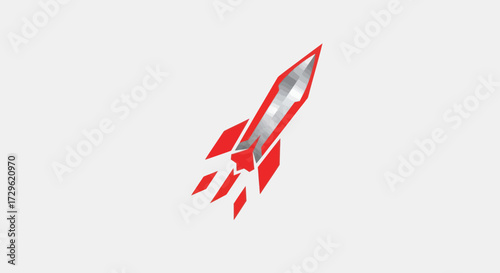 Red and Silver Rocket Launching Upwards with Fiery Trail.