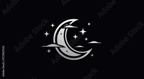 Stylized Crescent Moon with Stars and Clouds Graphic Element.