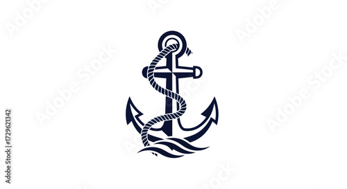 Vintage nautical anchor design with rope and waves.