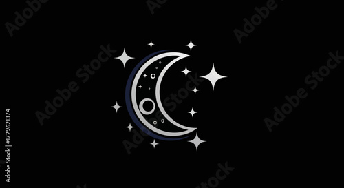 Crescent Moon and Stars in a Night Sky Illustration.