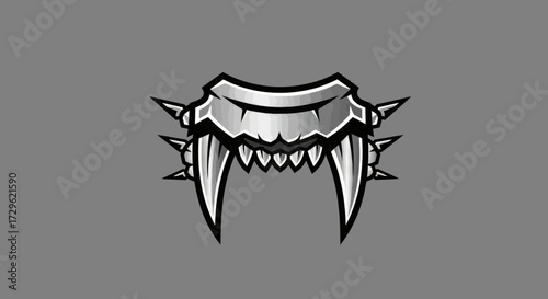 Stylized metallic monster jaw with sharp fangs and spikes.
