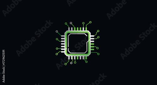 Glowing green computer processor microchip on a dark background.