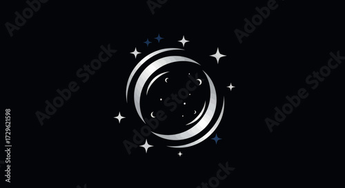 Stylized silver crescent moon surrounded by sparkling stars.