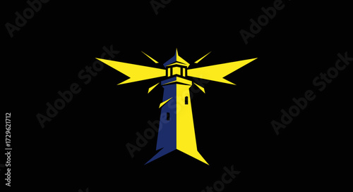 Stylized lighthouse emitting bright yellow light beams against dark background.