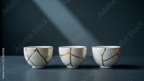 A high-quality product photograph of three white porcelain cups with gold repairs, arranged in a horizontal line against a dark gray background.