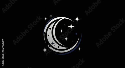 Elegant crescent moon with stars shining brightly in the night sky.