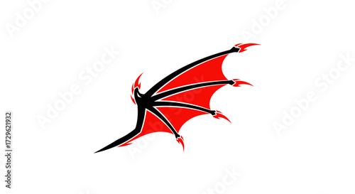 A striking red dragon wing with sharp claws and black accents isolated on white.