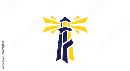 Stylized Lighthouse Icon with Rays of Light in Blue and Yellow.