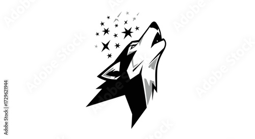 Black and white graphic illustration of a wolf howling at the stars.