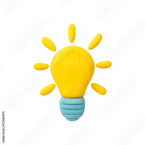 Bright idea light bulb made of clay isolated on transparent background