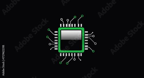 Green Computer Chip with Silver Center on Black Background.