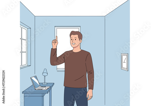 Man standing in a room, pointing his finger up, having an idea