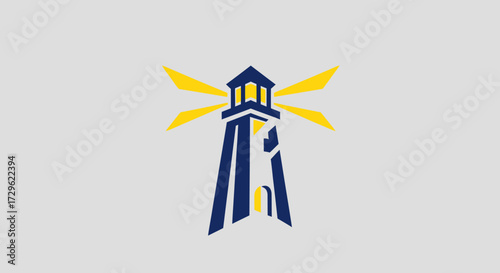 Stylized lighthouse emitting bright yellow light beams in a minimalist design.