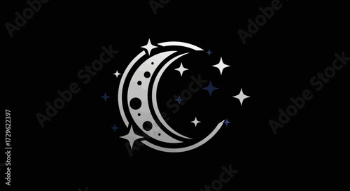 Crescent moon with stars and craters celestial night.