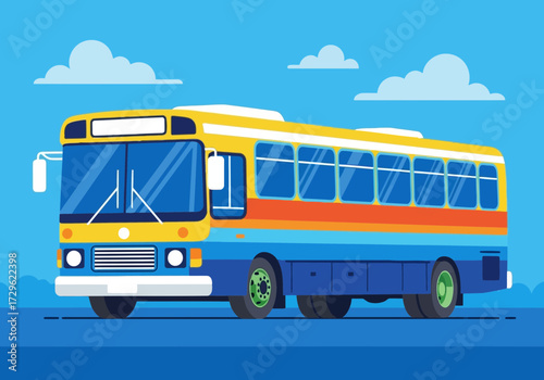 Retro yellow and blue bus driving on a road with a blue sky background
