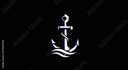 Simple white nautical anchor icon with ocean waves.
