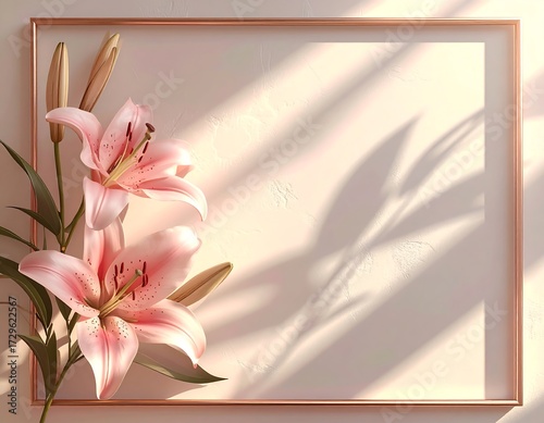 Pink Lilies in Decorative Frame with Shadows and Empty Space