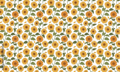 Repeating pattern of yellow sunflowers on a white background.