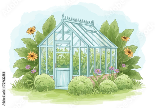 Watercolor illustration of a greenhouse surrounded by lush greenery and flowers