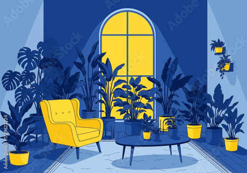 Cozy living room with yellow armchair and many houseplants